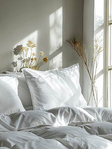 年货淘宝首页海报摄影照片_卧室床上的白色枕头装饰