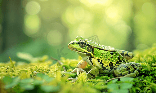 坐在苔藓上的美丽斑点青蛙