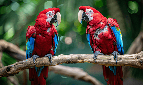 树枝上两只红金刚鹦鹉的肖像鹦鹉鸟是濒临灭绝的物种