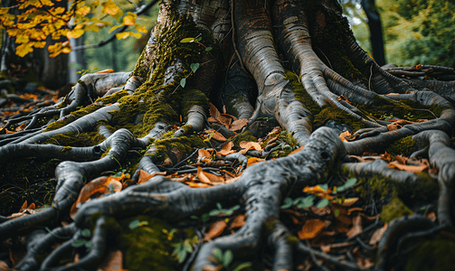 有叶子和苔藓的古树根自然主义报告文学