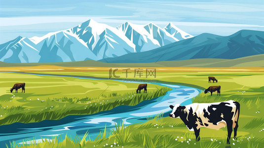 cs奶牛背景图片_草地小溪奶牛合成创意素材背景