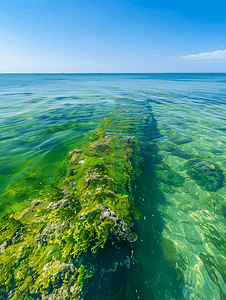 海石上的藻类绿藻覆盖海面