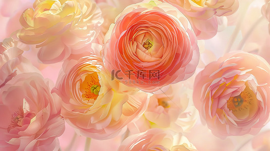 柔和粉红色和黄色的花朵毛茛图片