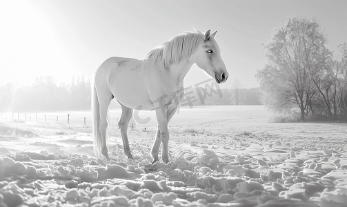 在冬天早晨黑白的白马