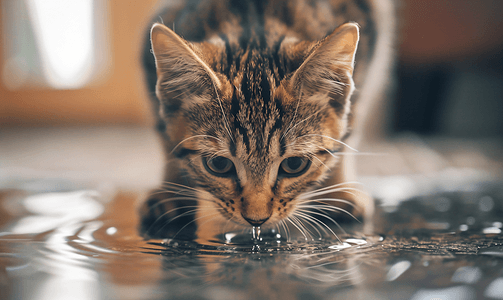 棕色虎斑猫在地板上喝水