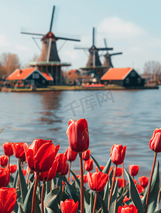 荷兰风车与红色郁金香关闭荷兰阿姆斯特丹