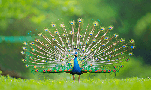 鸟孔雀昂首阔步穿过绿色的草地优雅的鸟色彩绚丽