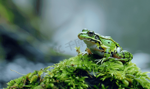 坐在苔藓上的美丽斑点青蛙