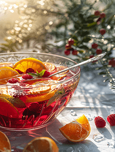 用勺子将柑橘水果片和浆果放入玻璃碗中的红色健康饮料