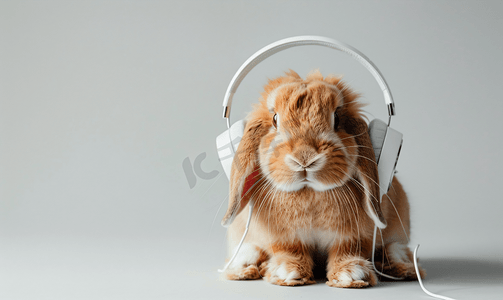 一只戴着白色耳机的红棕色兔子坐在白色背景上