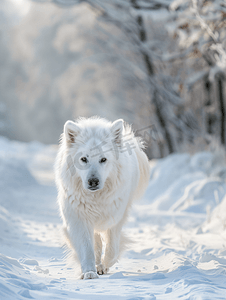 散步摄影照片_冬天在公园里的狗在雪地里与宠物一起散步白色的狗皮毛