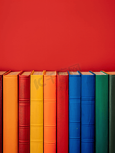 一排彩色精装书打开红色背景的书