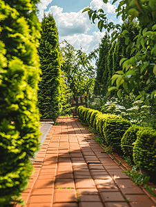红瓦步道和灌木崖柏常绿树篱的后院景观设计
