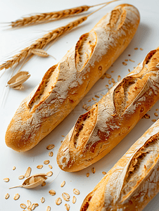 三明治背景摄影照片_白色背景中的全麦面包长棍面包