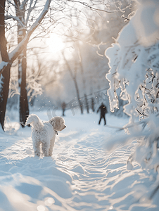 冬天在公园里的狗在雪地里与宠物一起散步白色的狗皮毛