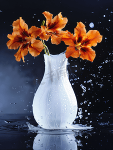 白色花瓶冰中橙色花朵反射黑色背景隔离