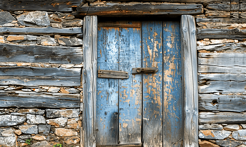 古老小屋木墙上的旧风化门