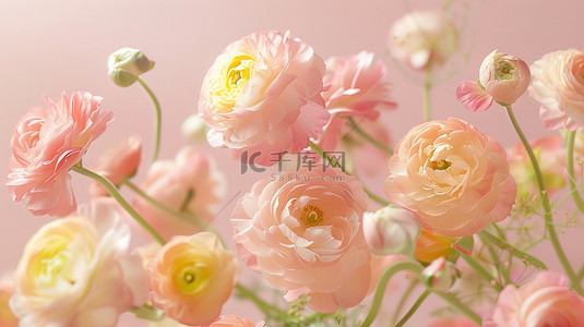 花朵温暖背景图片_柔和粉红色和黄色的花朵毛茛背景