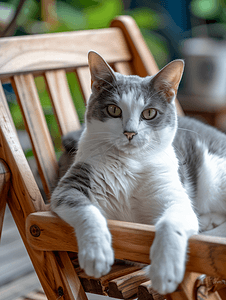 灰白猫摄影照片_灰白猫躺在木椅上看着相机