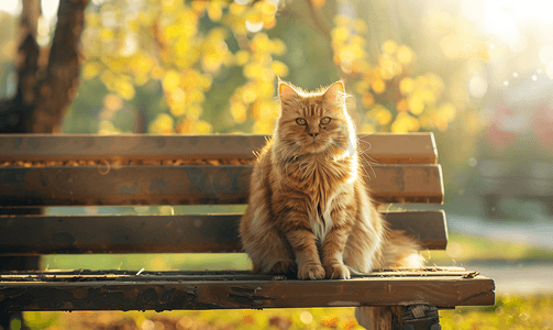 夏天长凳上的猫房子院子里的宠物阳光下的红猫