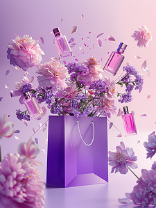 紫色的大购物袋和鲜花素材
