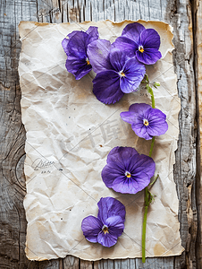 质朴木质背景上的旧纸上的纸心和紫罗兰花