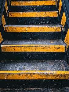 楼梯上贴有黄色和黑色条纹的警告标签