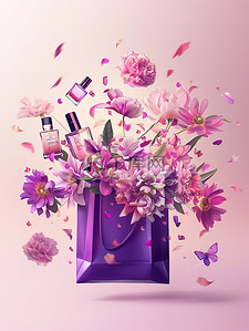 紫色的大购物袋和鲜花背景素材