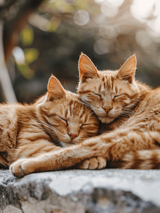 两只橙色虎斑猫躺在墙上睡觉