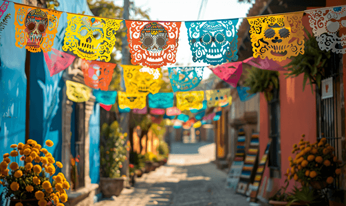 彩旗摄影照片_墨西哥街头在亡灵节用纸做装饰