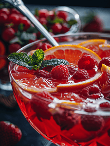 红色茶摄影照片_用勺子将柑橘水果片和浆果放入玻璃碗中的红色健康饮料