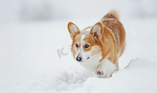 冬天柯基犬在雪地里行走