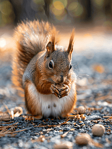坚果可爱摄影照片_地上的小棕色松鼠吃坚果