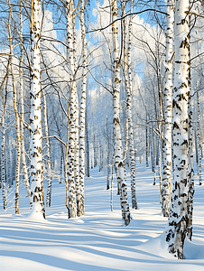 阳光明媚的天空摄影照片_阳光明媚的日子里树林里积雪覆盖的桦树林