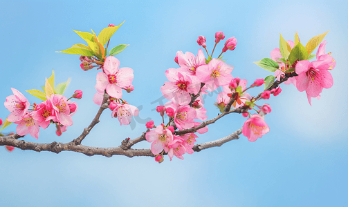 花卉剪贴画摄影照片_天空下的樱花枝粉红色的植物花人造木细节