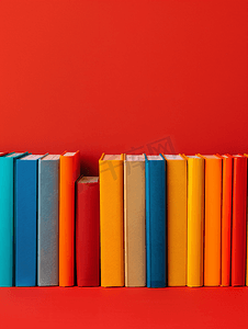一排彩色精装书打开红色背景的书