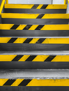 楼梯上贴有黄色和黑色条纹的警告标签