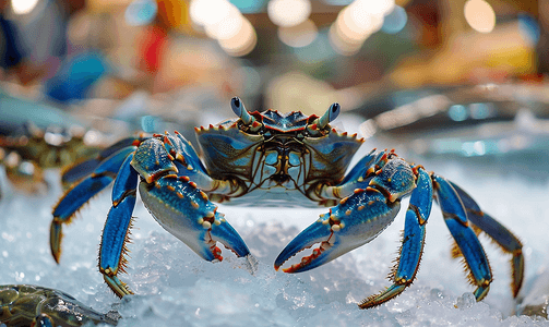 鱼市场冰上倒挂的蓝蟹