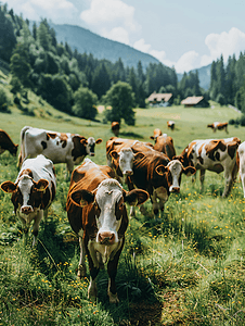 瑞士村庄附近草地上的奶牛