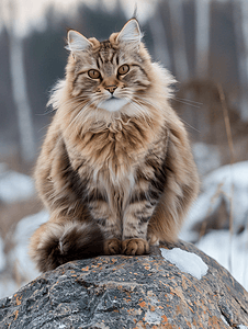 一只美丽的西伯利亚猫坐在石头上
