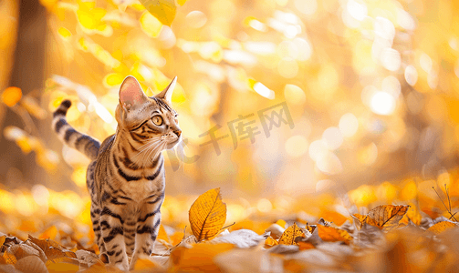 秋天年轻美丽的孟加拉猫在黄色的秋叶中散步