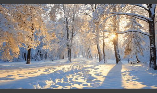冬日早晨树林和城镇中的雪橡树