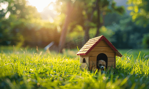 露天花园摄影照片_草地上露天的一个小狗屋