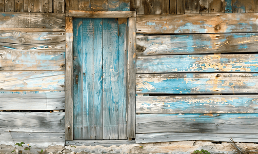 古老小屋木墙上的旧风化门