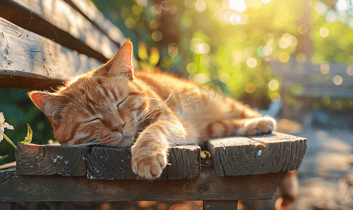 红眼睛眼睛摄影照片_夏天长凳上的猫房子院子里的宠物阳光下的红猫