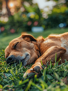 湿热摄影照片_棕色的狗躺在草地上安静地睡觉