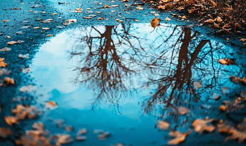 秋天复古背景摄影照片_树木反映在水坑复古