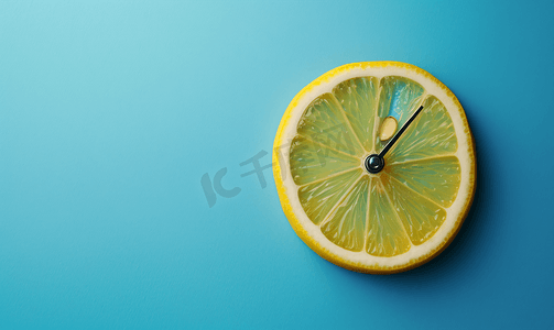蓝色背景上带柠檬表盘的创意概念时钟