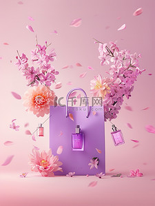 紫色的大购物袋和鲜花图片