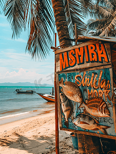 钵钵鸡招牌摄影照片_室外鱼市的招牌海滩上长满棕榈树的鱼市招牌